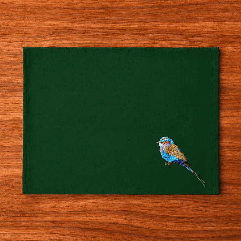 Handmade Ilisah table mats featuring lilac-breasted roller embroidery, set of 4 in mustard, perfect for dining and table d...