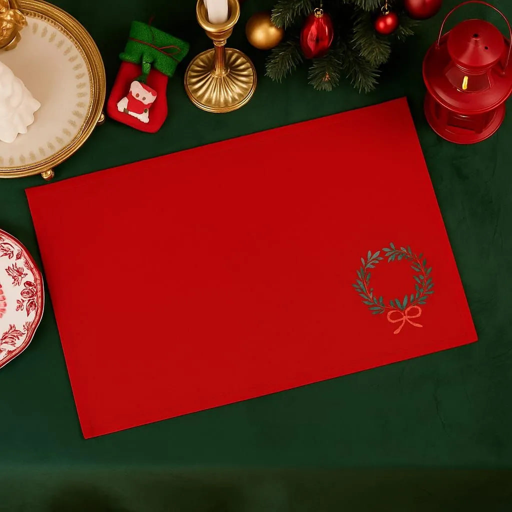 Red Christmas Table Mats by Ilisah, featuring a festive wreath motif, set of 4, handcrafted from cotton canvas for elegant...
