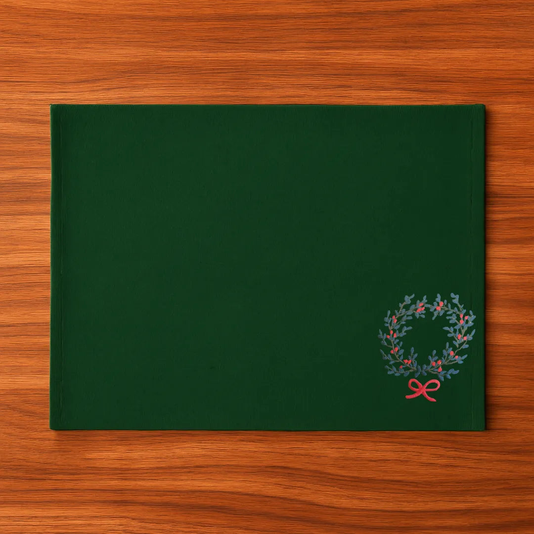 Red Christmas Table Mats by Ilisah, featuring a festive wreath motif, set of 4, handcrafted from cotton canvas for elegant...