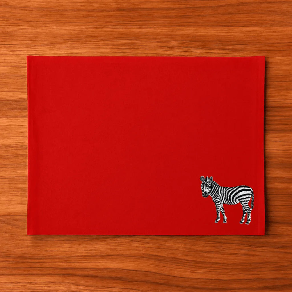 Handmade Ilisah zebra embroidery table mats in red, set of 4, 100% cotton canvas, stylish placemats for dining.