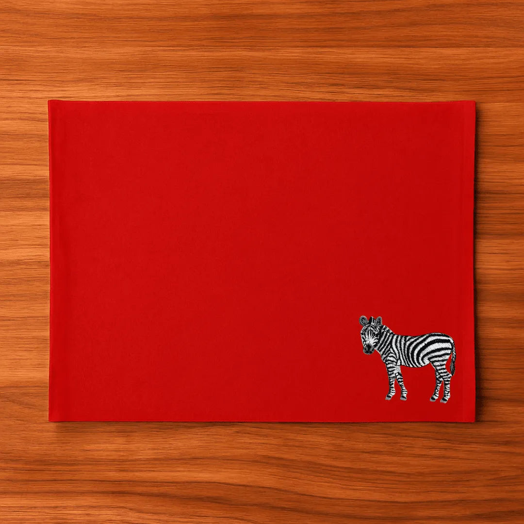 Handmade Ilisah zebra embroidery table mats in red, set of 4, 100% cotton canvas, stylish placemats for dining.