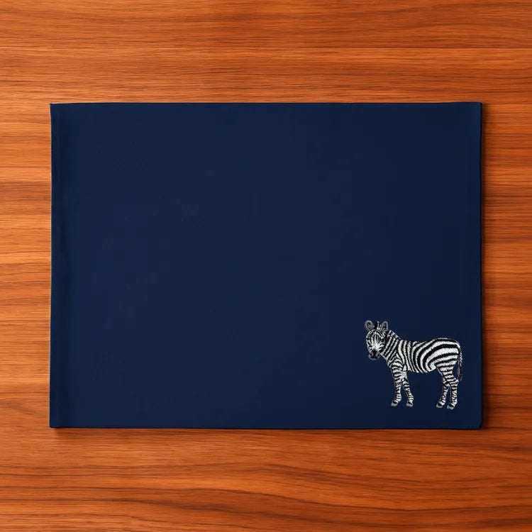 Handmade Ilisah zebra embroidery table mats in red, set of 4, 100% cotton canvas, stylish placemats for dining.