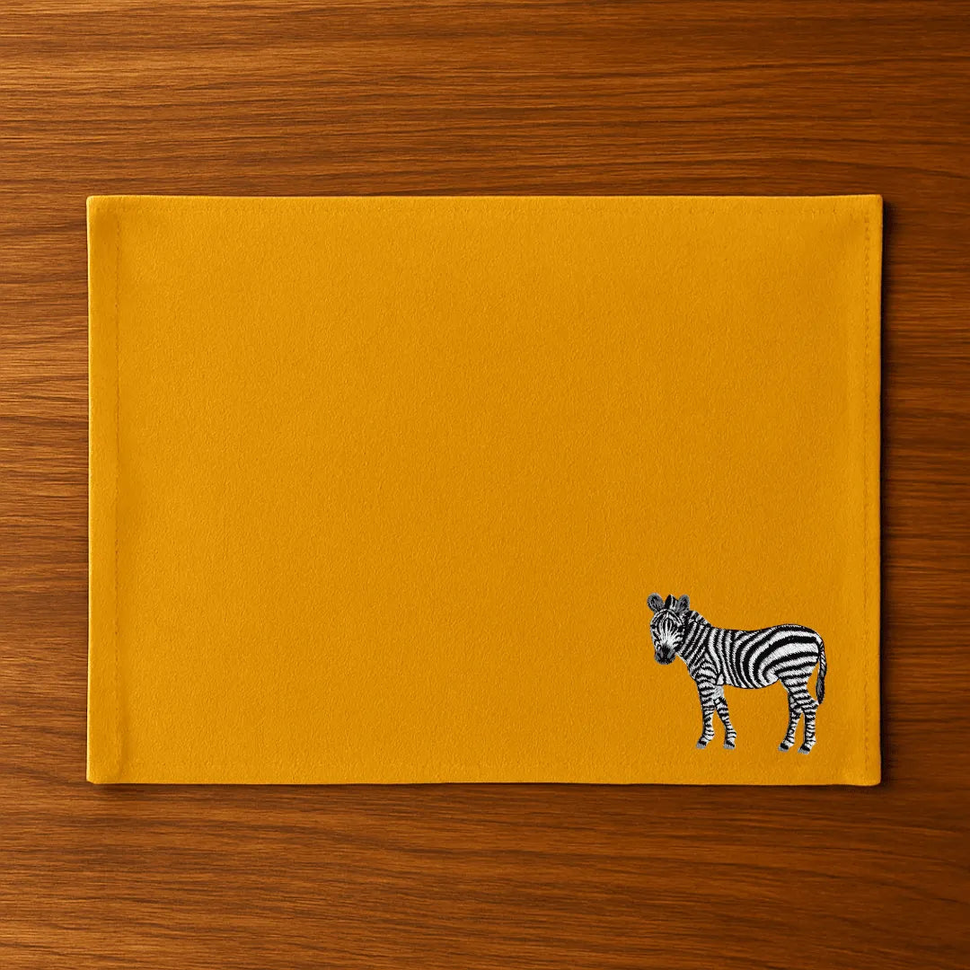 Handmade Ilisah zebra embroidery table mats in red, set of 4, 100% cotton canvas, stylish placemats for dining.