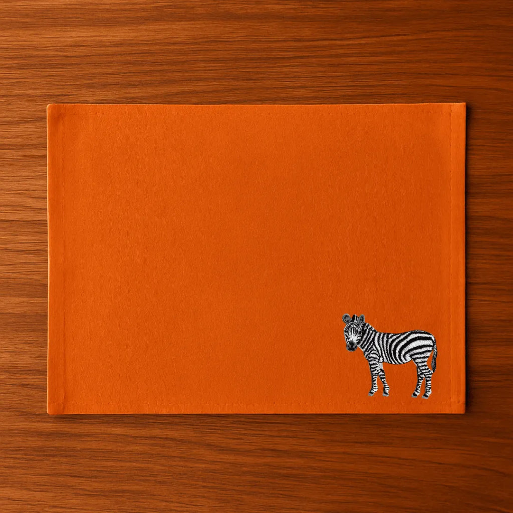 Handmade Ilisah zebra embroidery table mats in red, set of 4, 100% cotton canvas, stylish placemats for dining.