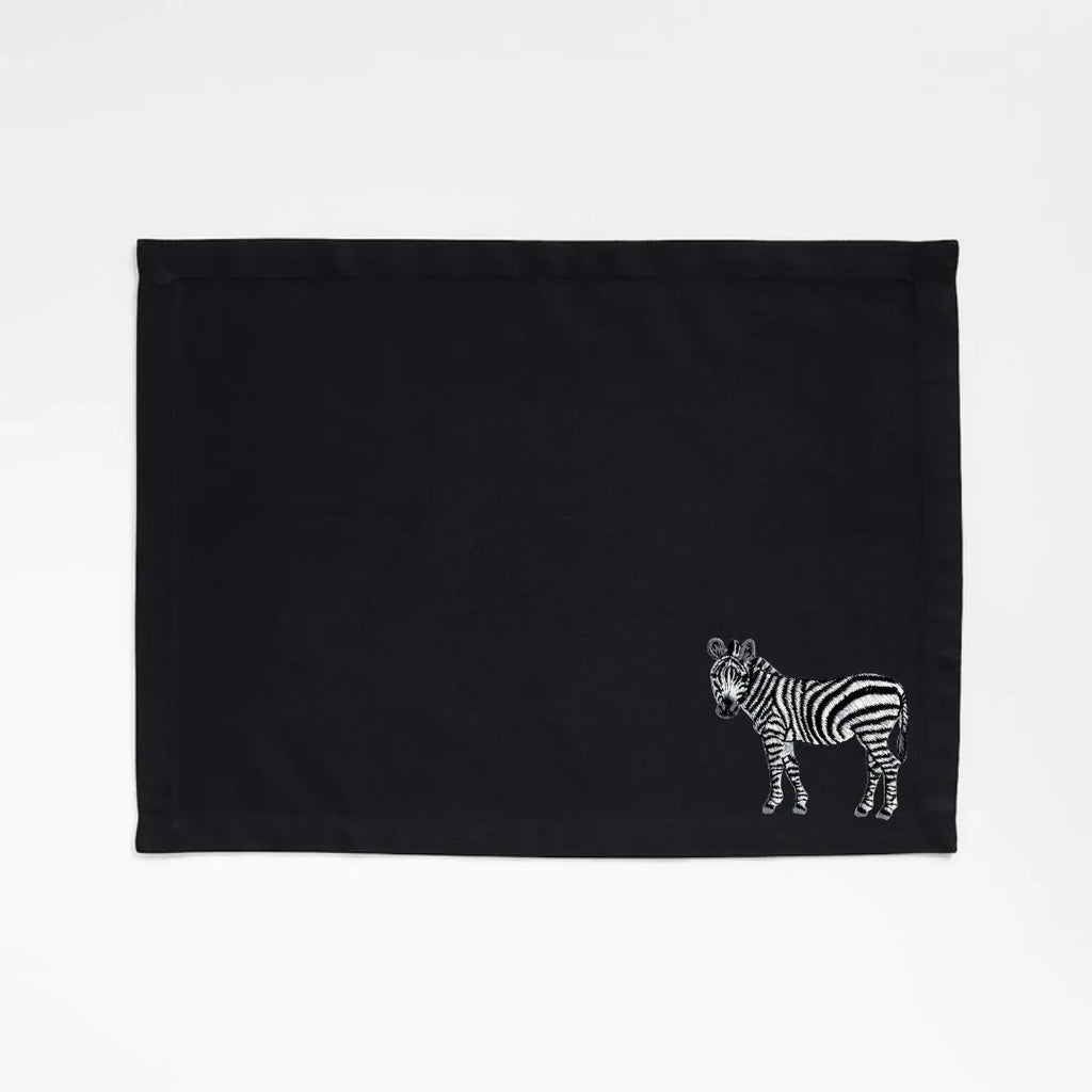 Handmade Ilisah zebra embroidery table mats in red, set of 4, 100% cotton canvas, stylish placemats for dining.