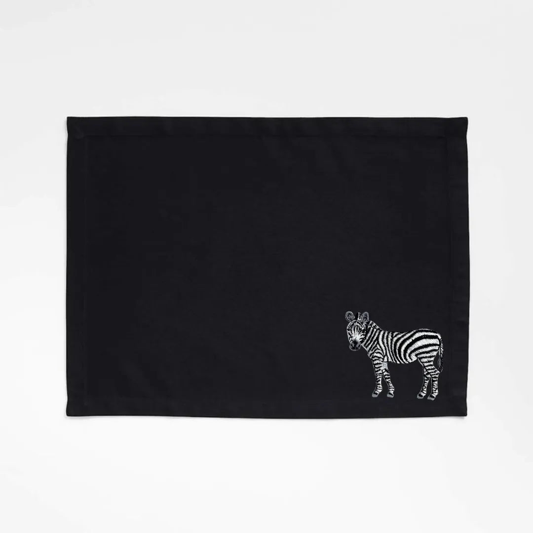 Handmade Ilisah zebra embroidery table mats in red, set of 4, 100% cotton canvas, stylish placemats for dining.