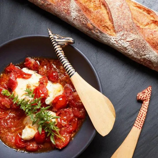 Wood Safari Animals Spreader Set by ILISAH, featuring four unique hand-carved wooden animal spreaders, each 7 inches long.