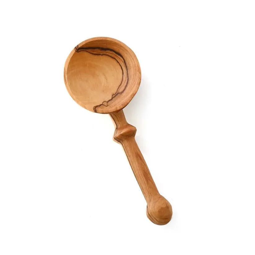 Handcrafted wooden spice spoons by ILISAH, set of six, featuring intricate animal carvings, perfect for kitchen gifting.