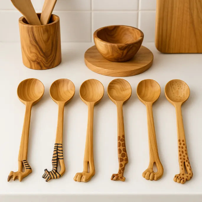 Wooden Teaspoons with Animal Handles by ILISAH, set of 6, featuring hand-carved animal-themed handles, perfect for gifting...